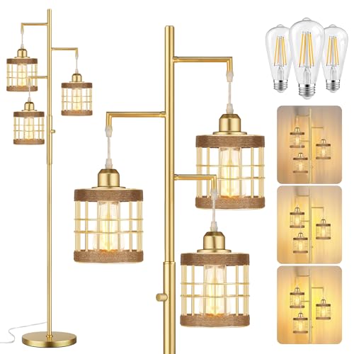 QiMH Industrial Floor Lamps for Living Room, Tree Standing Lamp with Stepless Dimmable, 68" Tall Lamps for Bedroom Study, 3 LED Bulbs Included, Gold