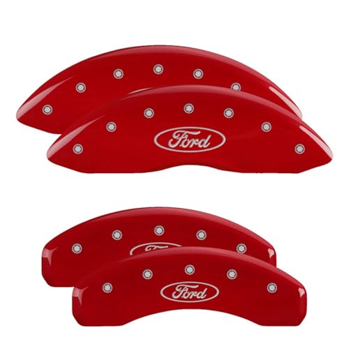 MGP Caliper Covers - Brake Caliper Covers Compatible with 2021+ Ford F-150 (Requires 18"+ Wheels) Powder-Coated Finish, 4 PCS Front and Rear (Red - Ford Oval Engraving)