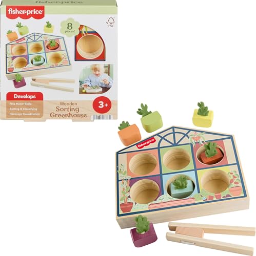 Fisher-Price Wood Preschool Toy Sorting Greenhouse, Tiny Garden Wooden Activity for Fine Motor Developmental Play Kids Ages 3+ Years (Amazon Exclusive)