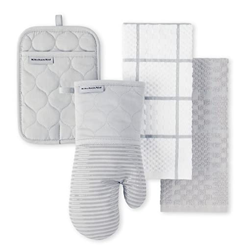 KITCHENAID Quilted Cotton Terry Cloth Oven Mitt, Pot Holder, Kitchen Towel 4-Pack Set, Heat Resistant, Silicone Grip, 16"x26", 7"x13" & 7"x10", Matte Grey