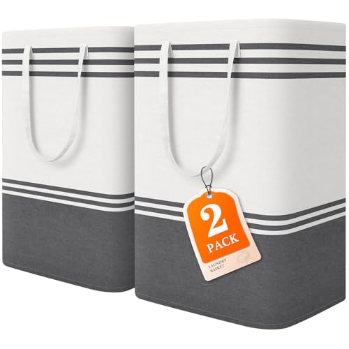 EpicTotes 2 Pack Large Laundry Baskets, Laundry Hampers, Freestanding Waterproof Collapsible Clothes Bags with Reinforced Handles - Foldable Dirty Clothes Basket for Dorm, Bathroom, Room (Grey/75L)