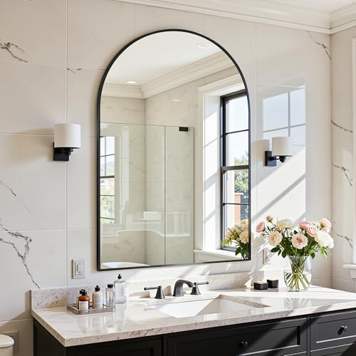 Antok Arched Bathroom Mirror, 20"x30" Wall Mounted Mirror, Vanity Mirrors for Over Sink, Aluminum Alloy Frame Bathroom Mirrors Living Room, Bedroom and Entryway, Black