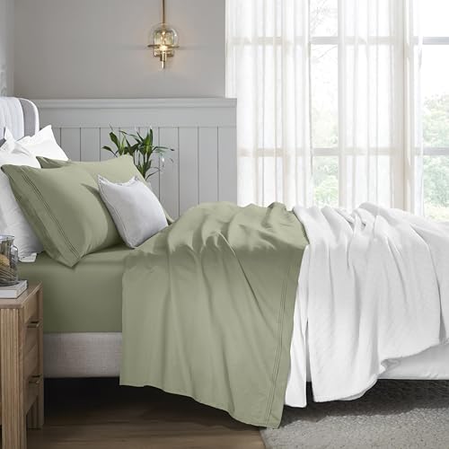Superior Egyptian Cotton 4 Piece Sheet Set, 650 Thread Count, Modern Design, Sustainable Sheets, Ultra-Soft Basics, Solid, Deep Pocket Fitted Sheet, Flat Sheet, Pillowcases, King, Sage