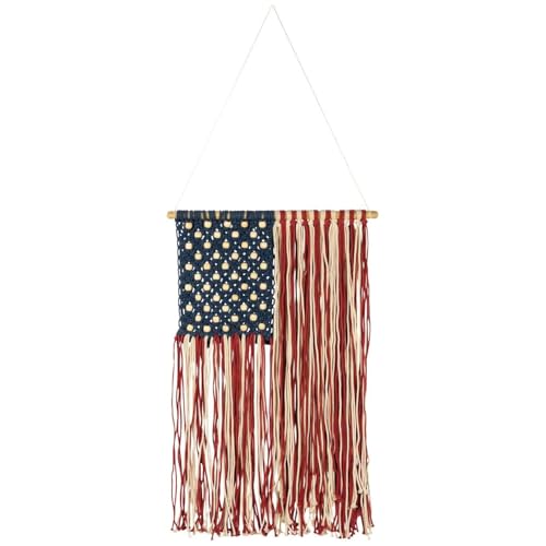 Primitives by Kathy Macrame American Flag Wall Hanging - 17 x 22-Inch Woven USA Flag Tapestry - Patriotic Boho Home Decor Gift - 4th of July, Memorial Day & Veterans Day - Red, White and Blue