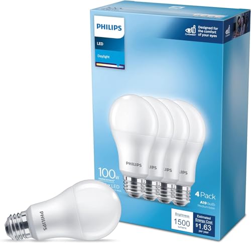 Philips LED Basic Frosted A19 Non-Dimmable, Eye Comfort Technology, 450 Lumen, Daylight(5000), 5.5W=40W, E26 Base, 4PK