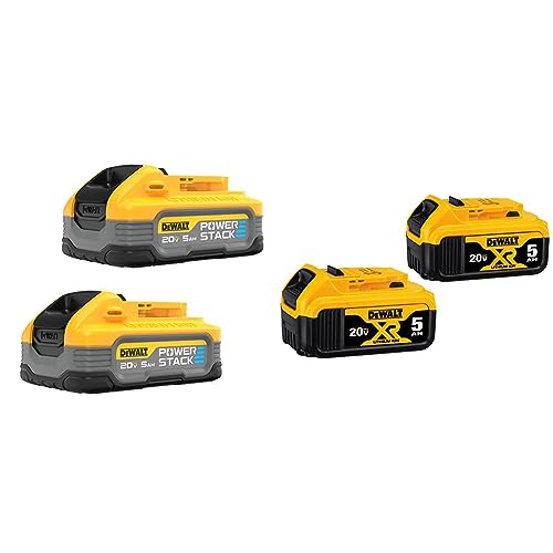 DEWALT Powerstack 20V MAX Battery, Rechargeable, 5Ah, Lithium Ion, 2-Pack (DCBP520-2) & 20V MAX XR Battery, 5 Ah, 2-Pack (DCB205-2)
