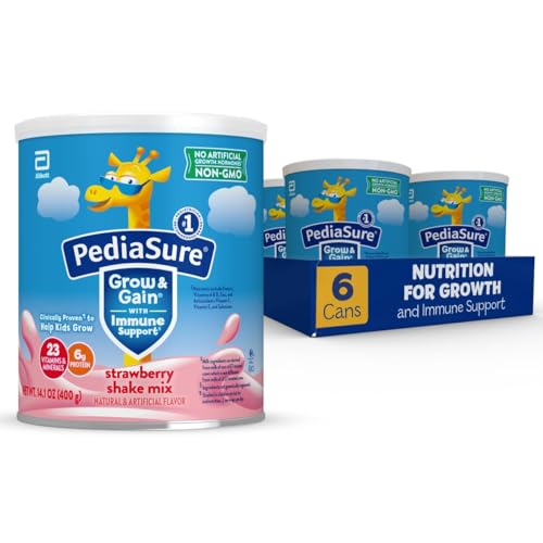PediaSure Grow & Gain with Immune Support Shake Mix Powder, 23 Vitamins & Minerals, 6g Protein, Non-GMO, Gluten-Free, Kids Nutrition, Strawberry, 14.1 oz Can, Pack of 6-48 servings