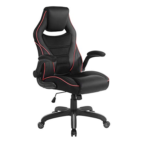 OSP Home Furnishings Xeno Ergonomic Adjustable Faux Leather Gaming Chair with Integrated Headrest and Airflow Cooling Material, Black with Red Accents