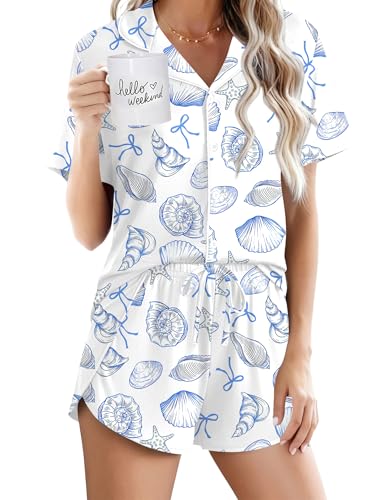 Ekouaer Pajamas for Women Set Button Up Sleepwear 2 Piece Pjs Lounge Set Short Sleeve Nightwear Shell World M