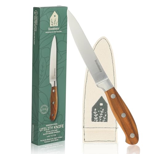 Bloomhouse - Two Time Oprah's Favorite Things Winner - 5" Utility Boning Kitchen Knife German Stainless Steel Blade w/Forged Italian Olive Wood Handle Full Tang for Meat Poultry & Precision Cutting