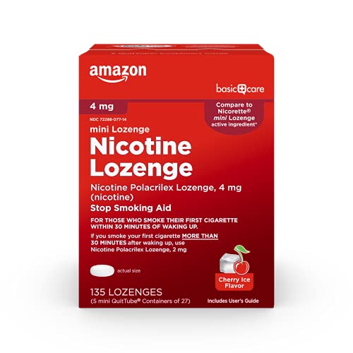 Amazon Basic Care Mini Nicotine Polacrilex Lozenge, 4 mg, Cherry Ice Flavor, Stop Smoking Aid, Reduces Withdrawal Symptoms, Reduces Cravings, 135 Count