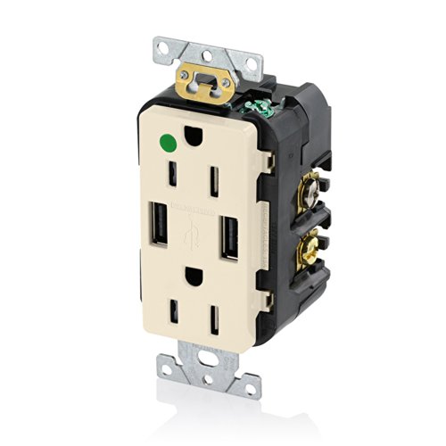 Leviton 15-Amp Hospital Grade USB Charger/Tamper-Resistant Duplex Receptacle, T5632-HGT, Lt. Almond
