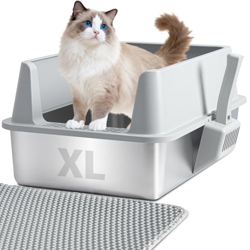 Holintan Stainless Steel Litter Box with Lid, XL Metal Litter Box, Anti-Urine Leakage Cat Litter Boxes Extra Large for Big/Multiple Cats, Never Absorbs Odors, Non-Stick, Includes Scooper and Mat