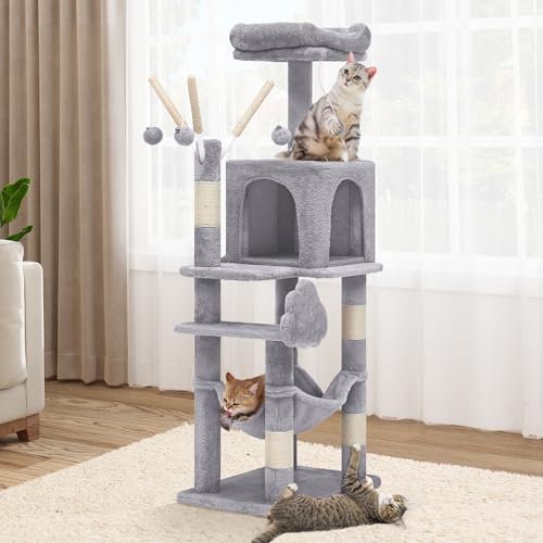 YITAHOME 44in Cat Tree Tower Indoor, Multi-Level Cat Condo with Scratching Posts, Cat Window Padded Plush Perch, Cozy Hammock, Funny Pompoms for Kittens Pet Play House, Light Gray