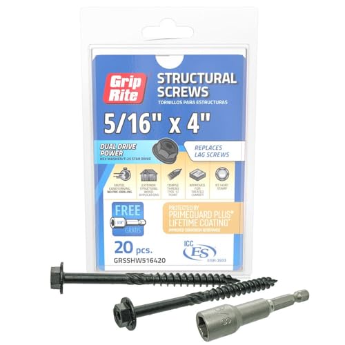 Grip-Rite Structural Screws for Exterior Structural Applications - with PrimeGuard Plus Coating - Coarse Thread Wood Screws - Hex Washer Head - 5/16" x 4" - 20 Count - GRSSHW516420