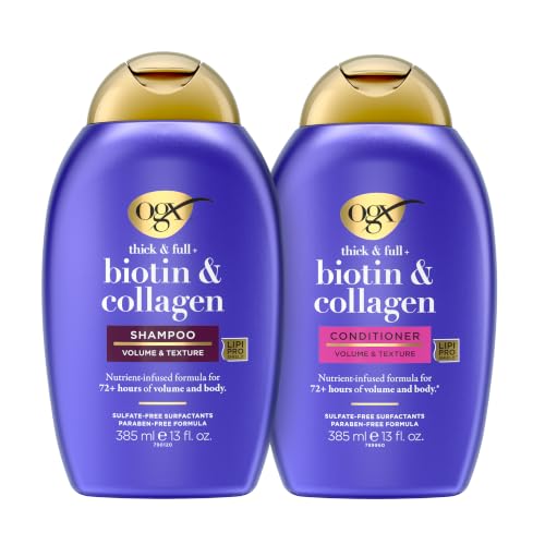 OGX Thick & Full + Biotin and Collagen for Hair Volume & Body, Sulfate Free Volumizing Shampoo & Conditioner Set for Fine & Thinning Hair, Nutrient-Infused, Vitamin B7, 13 fl oz, 2 Pack