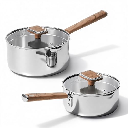 CAROTE1.5Qt & 3Qt Stainless Steel Saucepan Set, Triple Ply Stainless Steel Pot, Saucepan with Glass Lid, Small Sauce Pot with Wooden Handle, Easy Pour Rim, Mothers Day Gifts