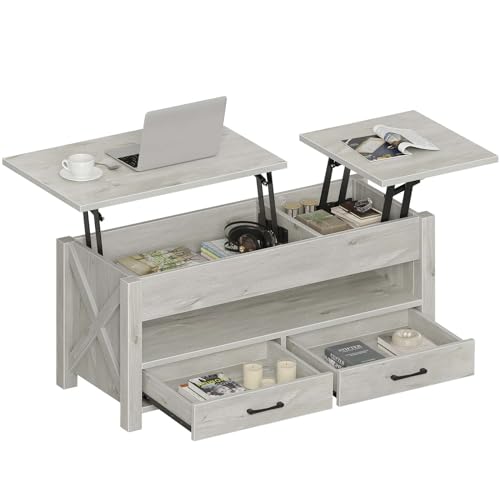Seventable Coffee Table, 39.3" Lift Top Coffee Table with 2 Storage Drawers and Hidden Compartment, Retro Center Table with Wooden Lift Tabletop for Living Room, Gray