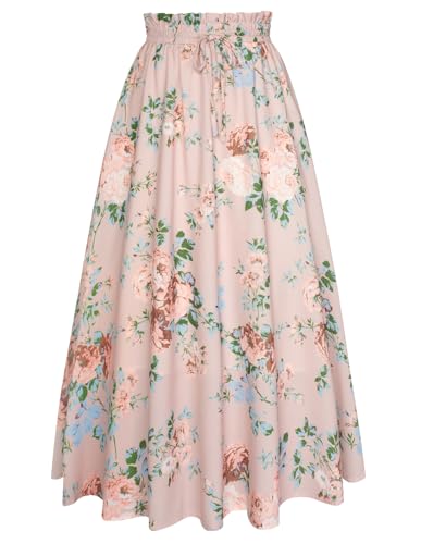 Vintage Floral Long Skirt Summer A Line Elegant Maxi Skirts for Women Pink M