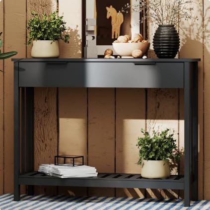 TaoHFE Black Narrow Console Table with Drawer Storage Shelf, Modern Wooden Entryway Sofa Table, 39 Inch Slim Behind Couch Table, Side Display Console Table for Living Room,Office,Black