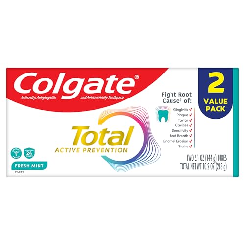 Colgate Total Active Prevention Fresh Mint Toothpaste, Anticavity Toothpaste with Fluoride, Clinically Proven to Help Fight Plaque Bacteria, Helps Minimize Bad Breath, 2 Pack, 5.1 oz
