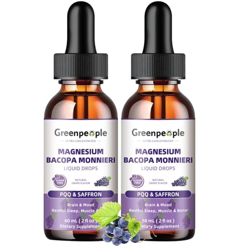 GREENPEOPLE (2 Pack) Magnesium Glycinate Liquid Drops - 4-in-1 High Absorption Liquid Magnesium for Sleep W/Saffron, GABA& Bacopa | Fast-Acting, Bone, Muscle & Sleep | Sugar-Free Grape Flavor, 2fl Oz