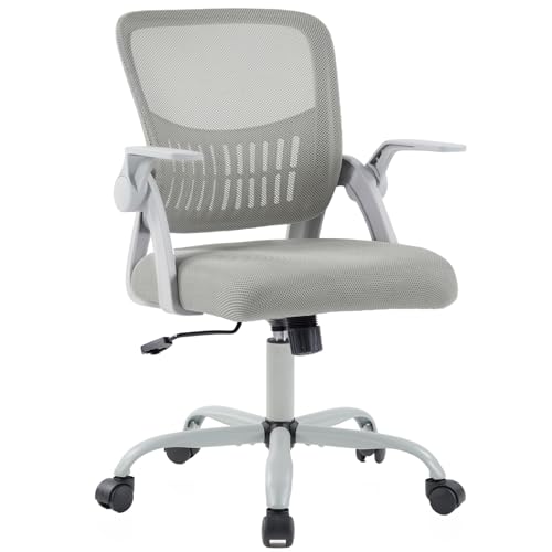 DUMOS Home Office Computer Chair - Ergonomic Mid Back Desk with Lumbar Support and Rocking Mode, Height Adjustable with Flip-up Armrest, for Conference Meeting Room, 360° Swivel, Adults, Grey