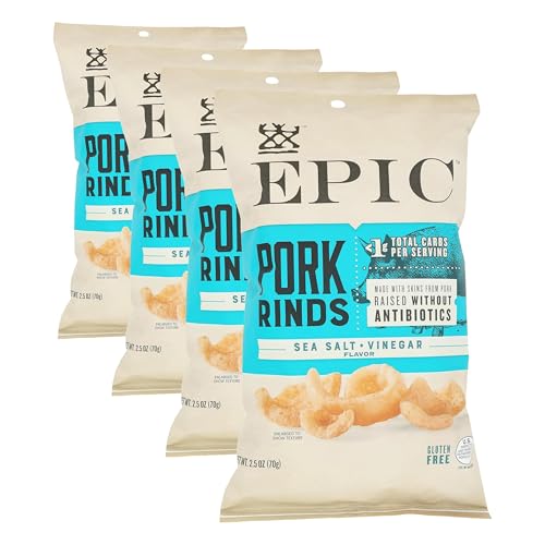 EPIC Sea Salt and Vinegar Pork Rinds, Keto Friendly, Protein Snacks, 2.5 oz (Pack of 4)