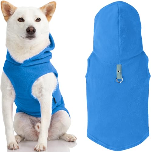 Gooby Fleece Vest Hoodie Dog Sweater - Blue, Large - Warm Pullover Dog Hoodie with O-Ring Leash for Small to Medium Dogs