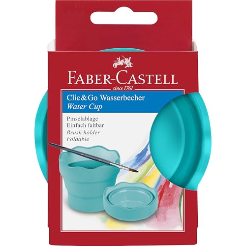 Faber-Castell Clic & Go Portable Paint Water Cup with Brush Holder, Turquoise - Collapsible Paint Brush Cleaner Rinse Cup, Travel Friendly Painting Accessories