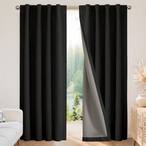 Joydeco Blackout Curtains for Bedroom - 96 Inch Long 100% Light Blocking 2 Panels Set Black Drapes, Thermal Insulated Room Darkening Curtains, Linen Textured for Living Room, Rod Pocket & Back Tabs