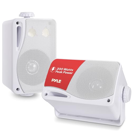 3-Way Weatherproof Outdoor Speaker Set - 3.5 Inch 200W Pair of Marine Grade Mount Speakers - in a Heavy Duty ABS Enclosure Grill - Home, Boat, Poolside, Patio, Indoor Outdoor Use - Pyle PLMR24 (White)