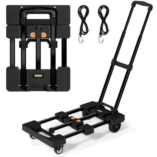 TROOZY Folding Hand Truck 500 LB, Portable Heavy Duty Dolly Cart with 4 Wheels (2 with Brake) & Extendable 26" Plate, Collapsible Luggage Trolley with 2 Elastic Straps for Travel, Moving, Camping