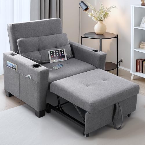 FLEXISPOT XCT2 Sleeper Chair Bed, Sofa Bed Chair 3 in 1 w/USB Port, Pillow, Cup Holders, Convertible Pull Out Bed W/Adjustable Backrest for Living Room Apartment Small Space, Grey