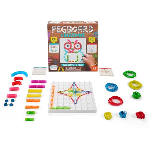 Chuckle & Roar Pegboard Creations Geoboard Set – 2-in-1 Peg Pieces & Rubber Band Art Board, Includes 25 Double-Sided Challenge Cards (50+ Designs), Creative STEM Activity for Kids Ages 5+