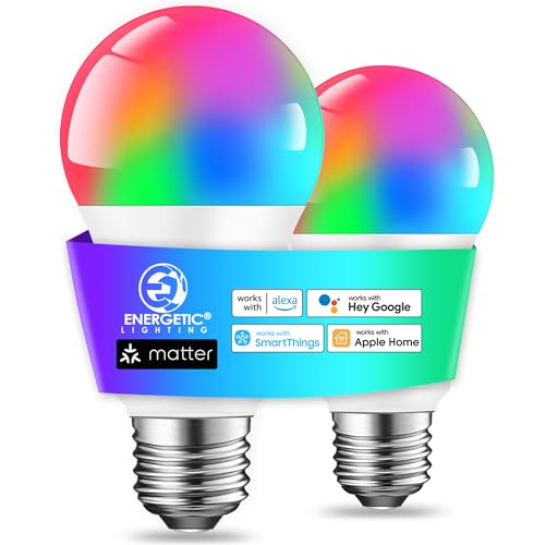 Energetic Matter Smart A19 LED Light Bulb, E26 RGB Color Changing Bulbs, Work with Alexa/Google Home/Apple Home/SmartThings, 60W Equivalent, 800LM, 2.4 Ghz WiFi Only, Smart Speaker Required, 2 Pack