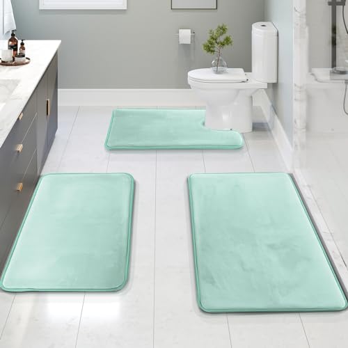 Clara Clark 3 Piece Bathroom Rugs Bath Mat Set, Velvet Memory Foam Bath Mats for Bathroom - Non-Slip, PVC Backing Bath Rugs, Washable - Dries Quickly, Blue