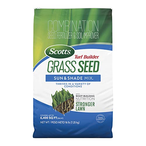 Scotts Turf Builder Grass Seed Sun and Shade Mix - Grass Seed Plus Lawn Fertilizer and Soil Improver, Covers Up To 6,400 sq. ft., 16 lb.