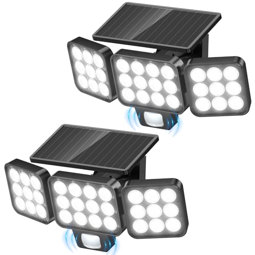 WdtPro Solar Lights Outdoor Flood Light, 3500LM Bright Motion Sensor Outdoor Lights, 3 Heads & Upgrade Glass Panel, LED Solar Powered Security Light Spotlights Waterproof for Outside Yard-2Pack