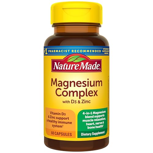 Nature Made Magnesium Complex Supplement with Vitamin D & Zinc for Immune Support, Magnesium Glycinate, Malate, Citrate & Oxide for Muscle, Nerve, Heart & Bone Support, 60 Capsules, 30 Day Supply