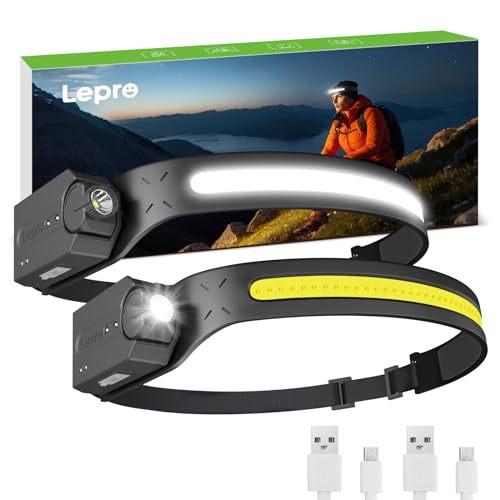 Lepro LED Headlamp Rechargeable - Super Bright Motion Sensor Head lamp with 1200 mAh Battery, 230°COB Wide Beam & Adjustable Spotlight, IP44 Waterproof Headlight for Camping, Hiking, Running, 2 Pack