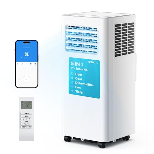 EUHOMY Portable Air Conditioners 12,000 BTU, 5-in-1 Portable AC Unit Up to 550 Sq.Ft. for Bedroom with Cool, Heat, Fan, Dehumidifier, Sleep, AC Units with LED Remote & 24H Timer, Installation Kits