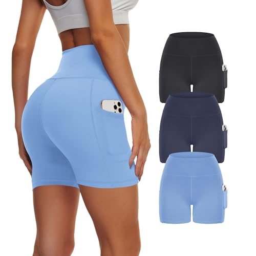 Showitty 3 Pack High Waisted Biker Shorts for Women with Pockets, Tummy Control Yoga Workout Running Gym