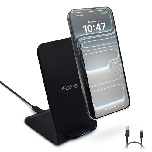 iHome 15W Folding Wireless Charging Stand, Fast Charge, Travel-Friendly Design, Cable Included
