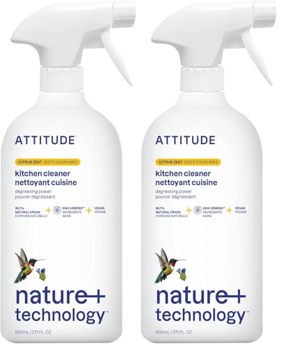 ATTITUDE Kitchen Cleaner Spray, EWG Verified, Powerful Degreaser, Cuts Grease & Grime, Plant-Based & Vegan, Citrus Zest Scent, 27.1 Fl Oz (Pack of 2)