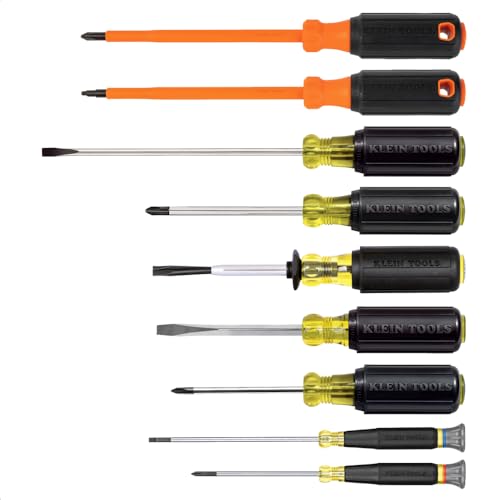 Klein Tools 85850 9-Piece Electrician Tool Set with (3) Phillips, (3) Slotted, (1) Screw-Holding Driver, (2) Insulated Drivers - Phillips and Square, Cushion-Grip Handle