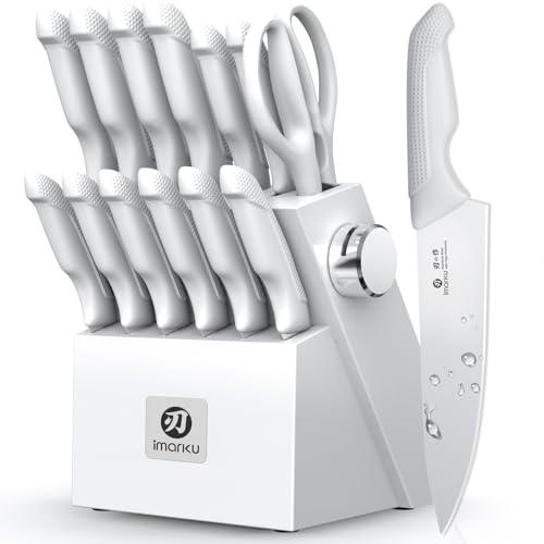 imarku Kitchen Knife Set, Japanese Knives Set for Kitchen, Stainless Steel Knife Set with Block, Kitchen Gadgets, White, Anti-Slip Handle, Dishwasher Safe, Gift for Women