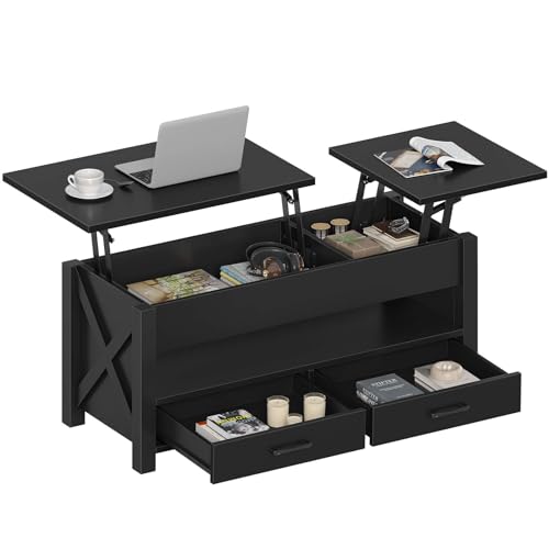 Seventable Coffee Table, 39.3" Lift Top Coffee Table with 2 Storage Drawers and Hidden Compartment, X Wood Farmhouse Support, Retro Center Table with Lift Tabletop for Living Room,Black