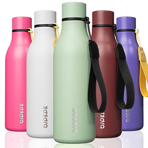BJPKPK Insulated Water Bottles, 18 oz Stainless Steel Metal Water Bottle with Strap, BPA Free Leak Proof Jugs, Mugs, Flasks, Reusable Thermal Flasks for Sports & Travel, Macaron Green