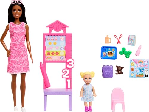 Barbie Careers Teacher Playset with Fashion Doll Wearing Removable Dress, Toddler Small Doll, Classroom Board & Accessories